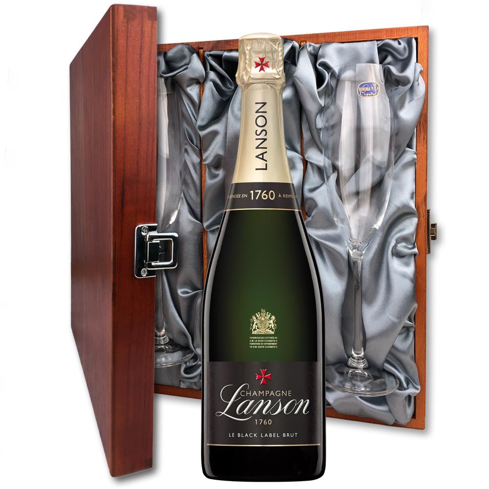 Lanson Le Black Label Brut 75cl Champagne And Flutes In Luxury Presentation Box